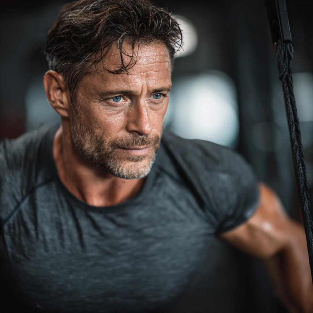 Confident mature man in his 40s performing functional training exercises with focus and determination in a modern gym setting