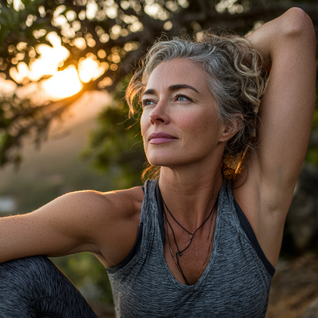 Energetic woman in her late 40s stretching outdoors after workout, showing flexibility and wellness, surrounded by natural environment